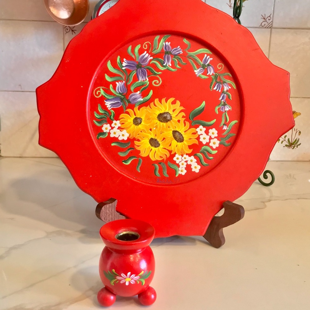 Vintage Swedish Hand Painted Folk Art: wooden Candle Holder With Matching Tray